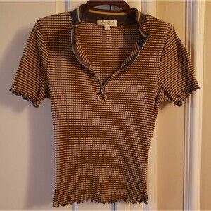 Ultra Flirt Girls Top Stripes Front Zipper Ribbed Collar Shrt Sleeves Tee Size M